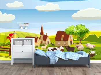  Fototapeta do pokoju dziecięcego farma, traktor, krówka, piesek dwk357