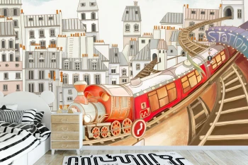  Fototapeta do pokoju dziecięcego pociąg, tory, stacja, miasto dwk362