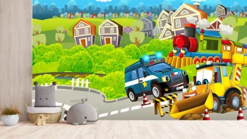  Fototapeta do pokoju dziecięcego pociąg, miasto, ulice, koparka dwk364