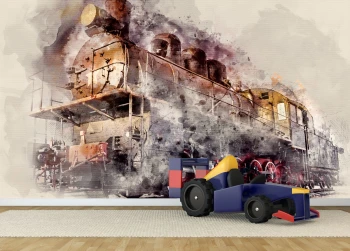  Fototapeta do pokoju dziecięcego lokomotywa, akwarela, obraz dwk367