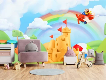 Fototapeta do pokoju dziecięcego zamek, tęcza, samolot, bajka dwk368