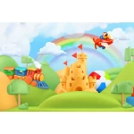  Fototapeta do pokoju dziecięcego zamek, tęcza, samolot, bajka dwk368