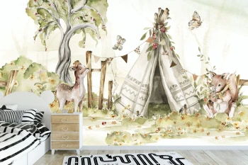 Fototapeta na wymiar magiczny las z sarenką i wiewiórką przy wigwamie M061