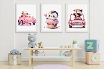  Zestaw 3 plakatów do pokoju dziecięcego pingwin, autka, muffinka mp123